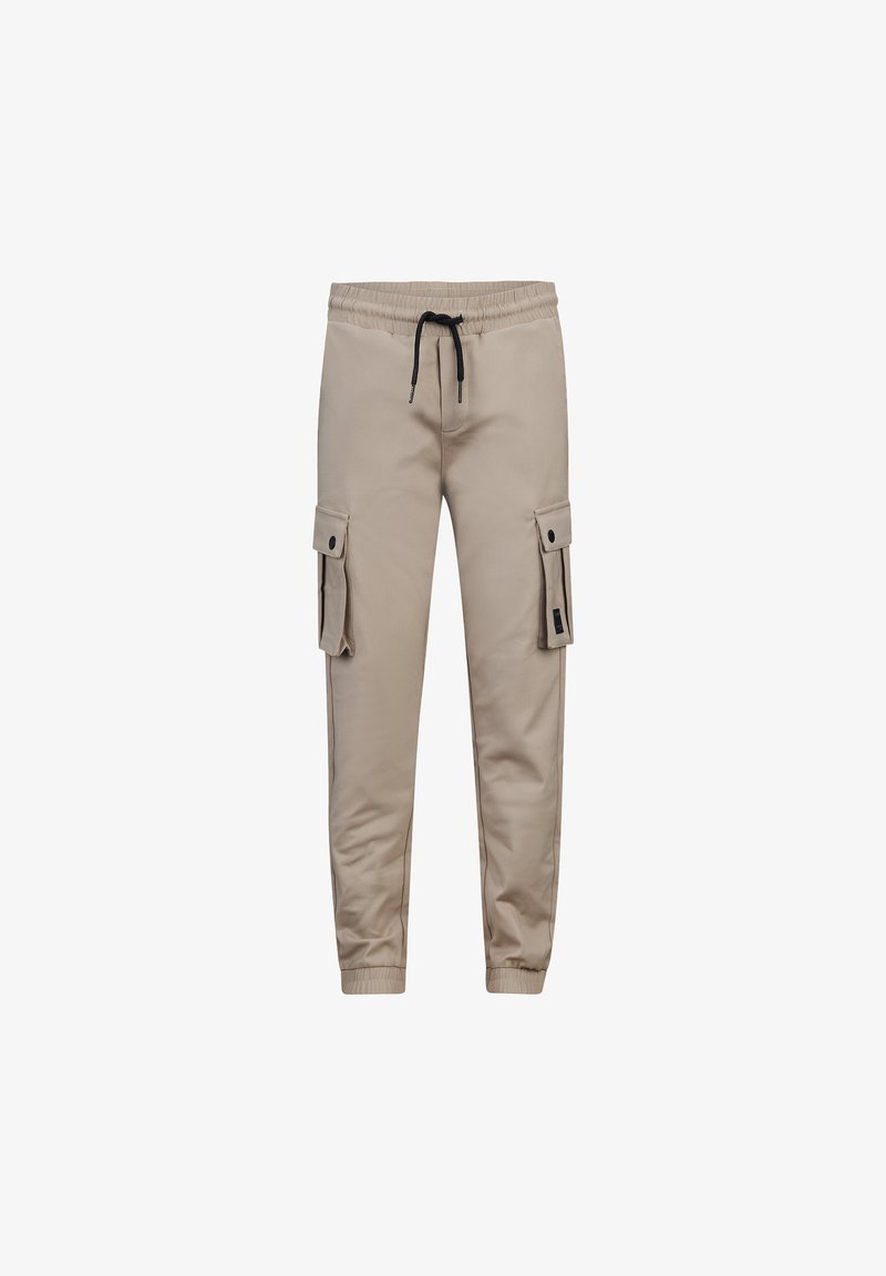 Beige cargo trousers met elastische tailleband en trekkoord. Beschikt over twee zijzakken met kleppen en elastische boorden bij de enkels. Zachte textuur.