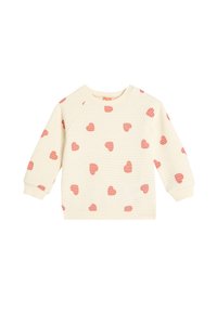 Crème sweatshirt met een textuurpatroon, versierd met roze harten verspreid over het geheel. Ribbelkraag en -manchetten, raglanmouwen.