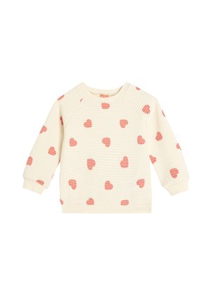 Sweatshirt crème avec un motif texturé, orné de cœurs roses éparpillés. Encolure et poignets côtelés, manches raglan.
