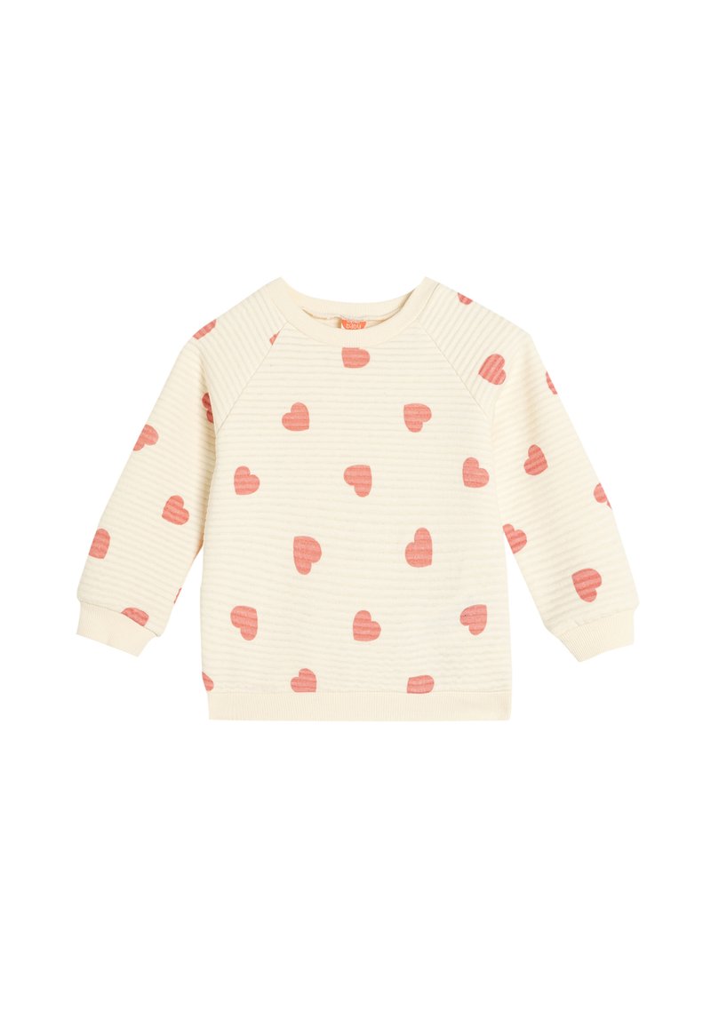 Crème sweatshirt met een textuurpatroon, versierd met roze harten verspreid over het geheel. Ribbelkraag en -manchetten, raglanmouwen.