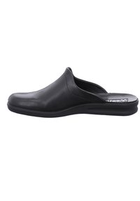 Black slip-on shoe made of textured leather with a smooth surface, rounded toe, and a low, flexible sole for comfort.