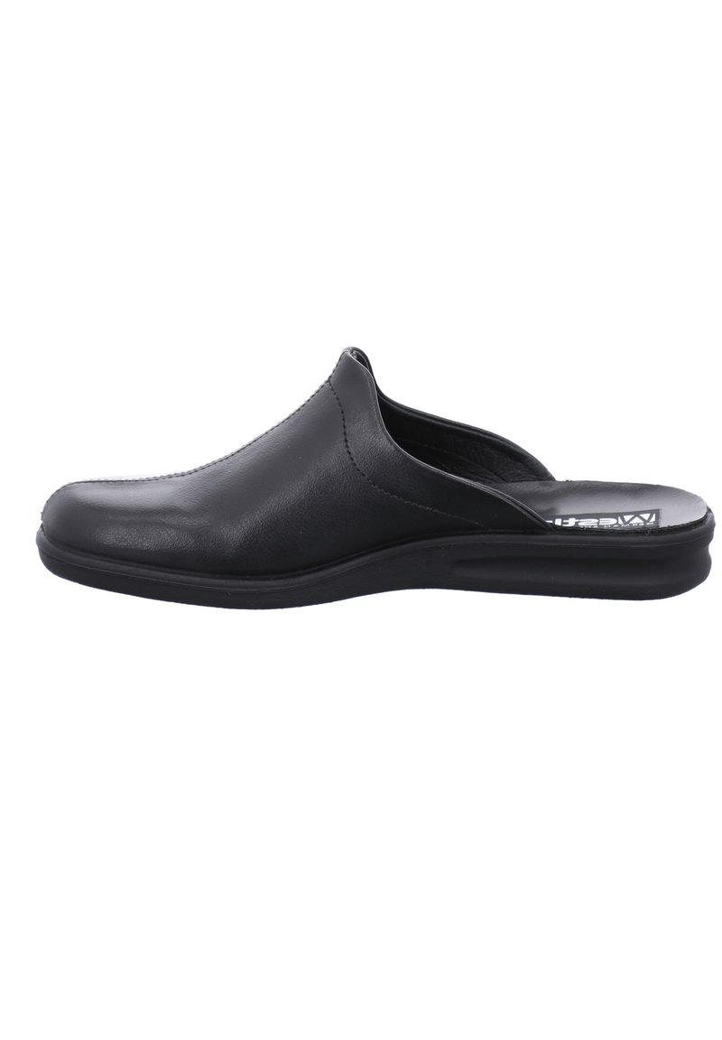 Black slip-on shoe made of textured leather with a smooth surface, rounded toe, and a low, flexible sole for comfort.