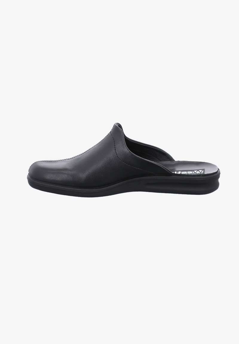 Black slip-on shoe made of textured leather with a smooth surface, rounded toe, and a low, flexible sole for comfort.