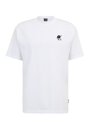 White cotton t-shirt featuring a small black graphic of a character with a vinyl record on the left chest area. Short sleeves, crew neck design.