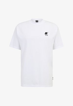 White cotton t-shirt featuring a small black graphic of a character with a vinyl record on the left chest area. Short sleeves, crew neck design.
