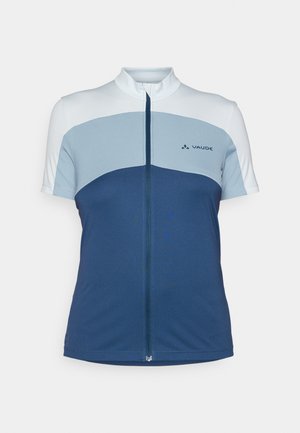 Short-sleeve cycling jersey featuring a zipper, made of light, breathable fabric. Color blocks in light blue and navy with subtle logo detail.