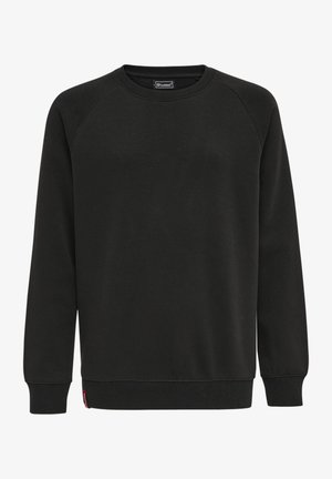 Svart sweatshirt med raglanärmar, rundad halsringning, ribbad manschetter och nederkant. Tillverkad av mjukt tyg med en slät yta. Har en liten etikett vid midjan.