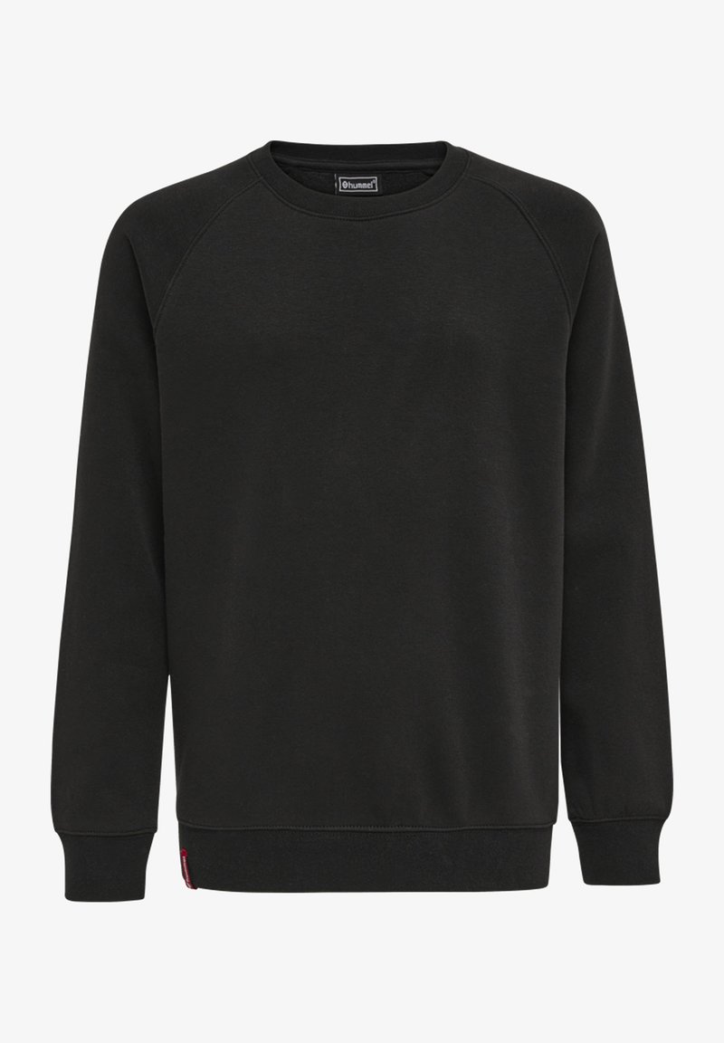 Zwarte sweatshirt met raglanmouwen, ronde hals, ribgebreide manchetten en zoom. Gemaakt van zachte stof met een gladde textuur. Heeft een klein label op de taille.