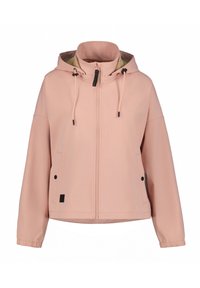 Helle rosa Kapuzenjacke mit Reißverschluss, hohem Kragen, Seitentaschen und elastischen Bündchen. Glatte Textur mit minimalistischer Gestaltung.
