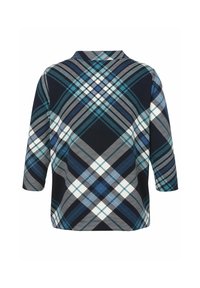 Navy-Top mit großem, mehrfarbigen Karomuster in Türkis, Weiß und Grau. Mit Dreiviertelärmeln und einem lässigen Schnitt.