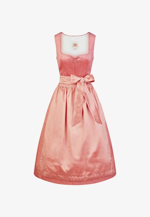 Roze satijnen dirndl-jurk met mouwloos lijfje, ritssluiting aan de voorkant en bijpassend schort dat in een strik in de taille is gebonden.