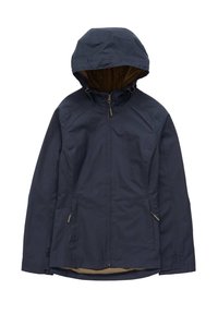 Navy blue jacket with a hood, zipper closure, and side pockets. Features a textured outer shell and a contrasting brown inner lining.