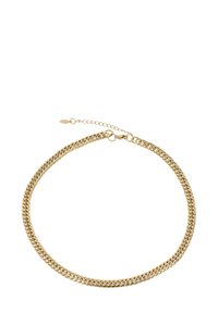 Złoty metalowy naszyjnik z łańcuchem, charakteryzujący się splatanymi ogniwami, gładką teksturą oraz regulowanym zapięciem z małym przedłużeniem.