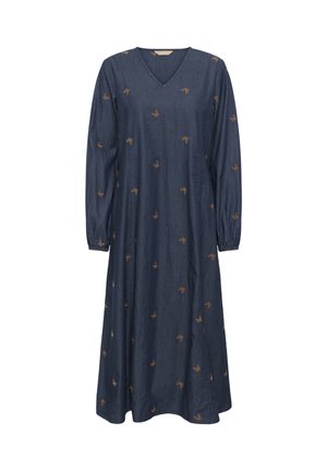 Denim lange mouw jurk met een V-hals, voorzien van bruine vlinderborduursels. A-lijn silhouet, zachte textuur en geraffineerde mouwen.