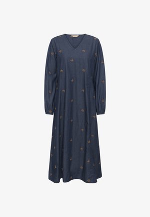 Traper haljina dugih rukava s V-izrezom, ukrašena smešnim vezom leptira. A-linija, mekana tekstura i nabrani manžeti.