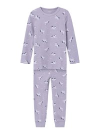 Purple long-sleeve pajama set with a ribbed texture, featuring a unicorn pattern and small pink accents on the fabric.