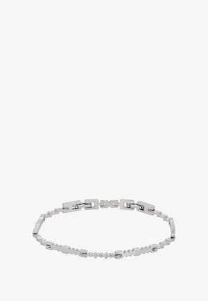 Hopeinen rannekoru, jossa on yhdistelmä suorakulmaisia ja soikeita lenkkejä, kiiltävällä pinnalla ja lukolla. Suunnittelu on tyylikäs ja minimalistinen.