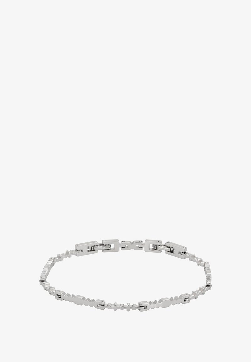 Ezüst karkötő, amely téglalap és ovális láncszemek keverékéből készült, polírozott felülettel és kapcsos záródással. A dizájn letisztult és minimalista.