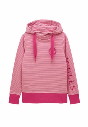 Hoodie mit dünnen pink-weißen Streifen, festen pinkfarbenen Bündchen, Saum, Kordeln und dem Schriftzug "TOULES" auf dem rechten Ärmel.