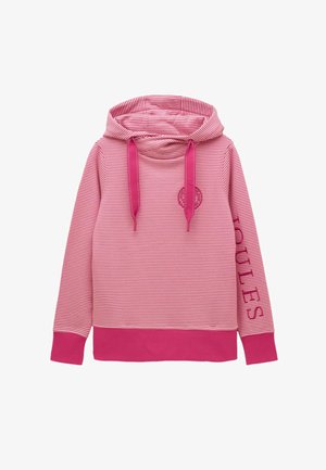 Hanorac cu glugă cu dungi subțiri roz și albe, cu manșete roz solide, tiv, șnururi și textul „TOULES” pe mâneca dreaptă.