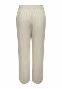Beige linnen broek met een relaxte pasvorm, elastische tailleband en zijzakken. De stof heeft een gestructureerde afwerking en een lichte uitstraling.