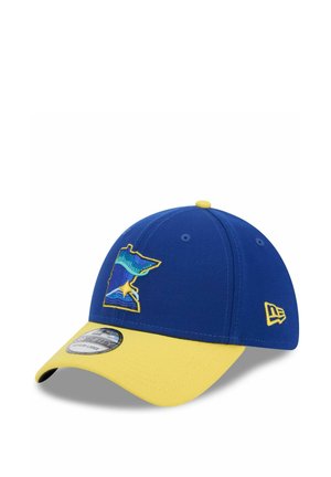 Blue baseball cap with yellow brim, featuring embroidered Minnesota shape logo. Made of fabric with a structured design and adjustable back.
