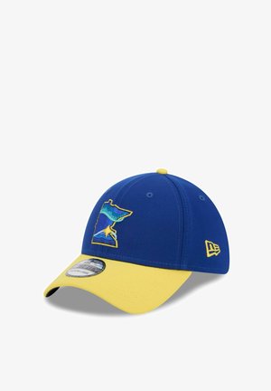 Blaues Basecap mit gelbem Schirm, mit gesticktem Logo in Form von Minnesota. Hergestellt aus Stoff, mit strukturiertem Design und verstellbarem Verschluss.