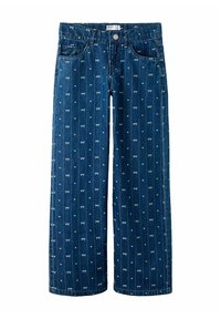 Sinine denim laiad sääred püksid, millel on vertikaalne triibumuster väikeste valgete paelte motiividega. Sisaldab ees olevaid taskuid ja nupuga sulgemist.