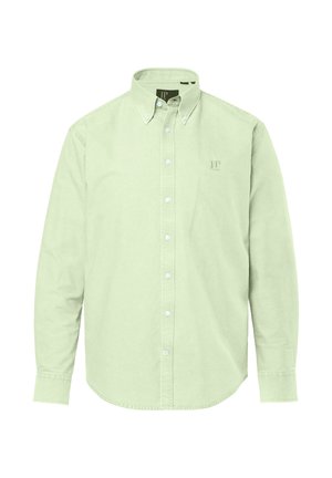 Hellgrünes, langärmliges Hemd zum Knöpfen mit Knopfkragen und kleinem, gesticktem Logo auf der linken Brust.