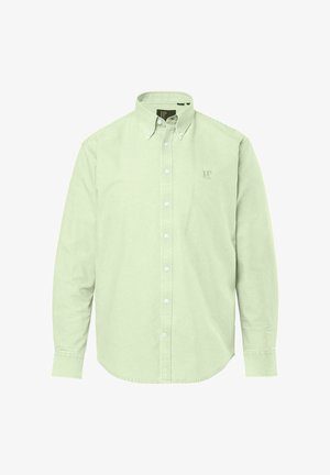 Hellgrünes, langärmliges Hemd zum Knöpfen mit Knopfkragen und kleinem, gesticktem Logo auf der linken Brust.