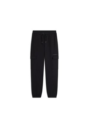 Pantaloni cargo neri in tessuto morbido con due tasche laterali, vita con cordoncino e orli arrotolati per una vestibilità affusolata.