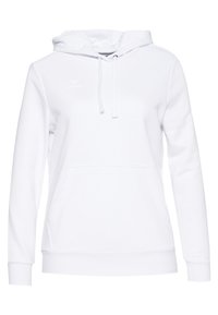 Witte hoodie van zacht stof, voorzien van een buidelzak, trekkoordcapuchon en een klein logo op de borst. Lange mouwen en geribbeld eng. 