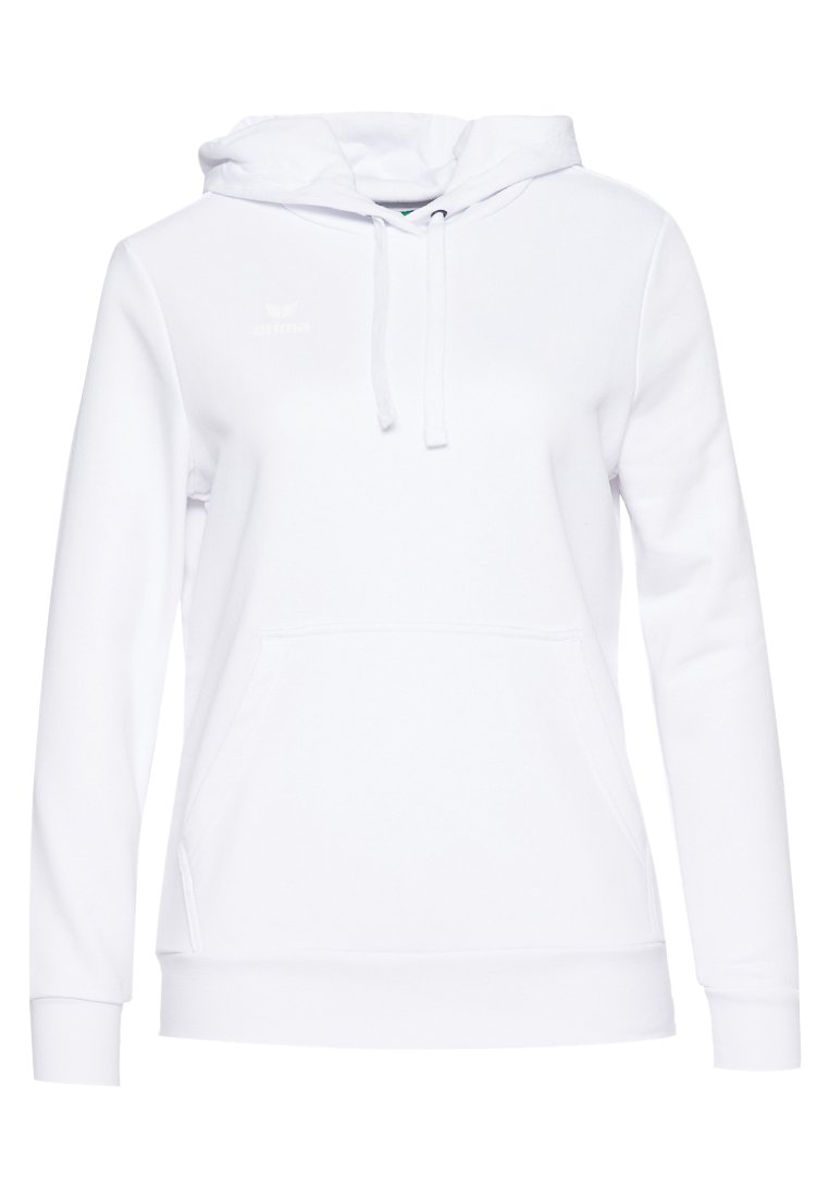 Witte hoodie van zacht stof, voorzien van een buidelzak, trekkoordcapuchon en een klein logo op de borst. Lange mouwen en geribbeld eng. 