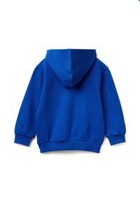 Modrá mikina s klokaní kapsou, žebrovanými manžetami a spodním okrajem. Vyrobeno z měkké tkaniny s texturovaným povrchem a nastavovací kapucí se šňůrkou.