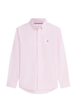 Chemise rose clair à manches longues avec boutons, col boutonné et petit logo brodé sur la poitrine gauche.