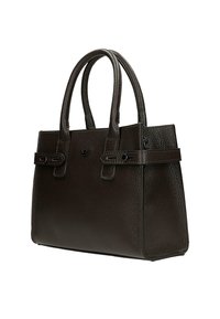 Brązowa skórzana torebka o fakturowanej powierzchni, z dwoma górnymi rączkami i akcentami w postaci klamerek. Charakteryzuje się usztywnionym kształtem oraz detalem z logo na przodzie.