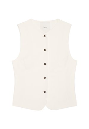Αμάνικο γιλέκο κρεμ χρώματος με στρογγυλή λαιμόκοψη και πέντε σκοτεινά κουμπιά μπροστά, εφαρμοστή γραμμή.