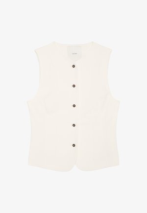Αμάνικο γιλέκο κρεμ χρώματος με στρογγυλή λαιμόκοψη και πέντε σκοτεινά κουμπιά μπροστά, εφαρμοστή γραμμή.