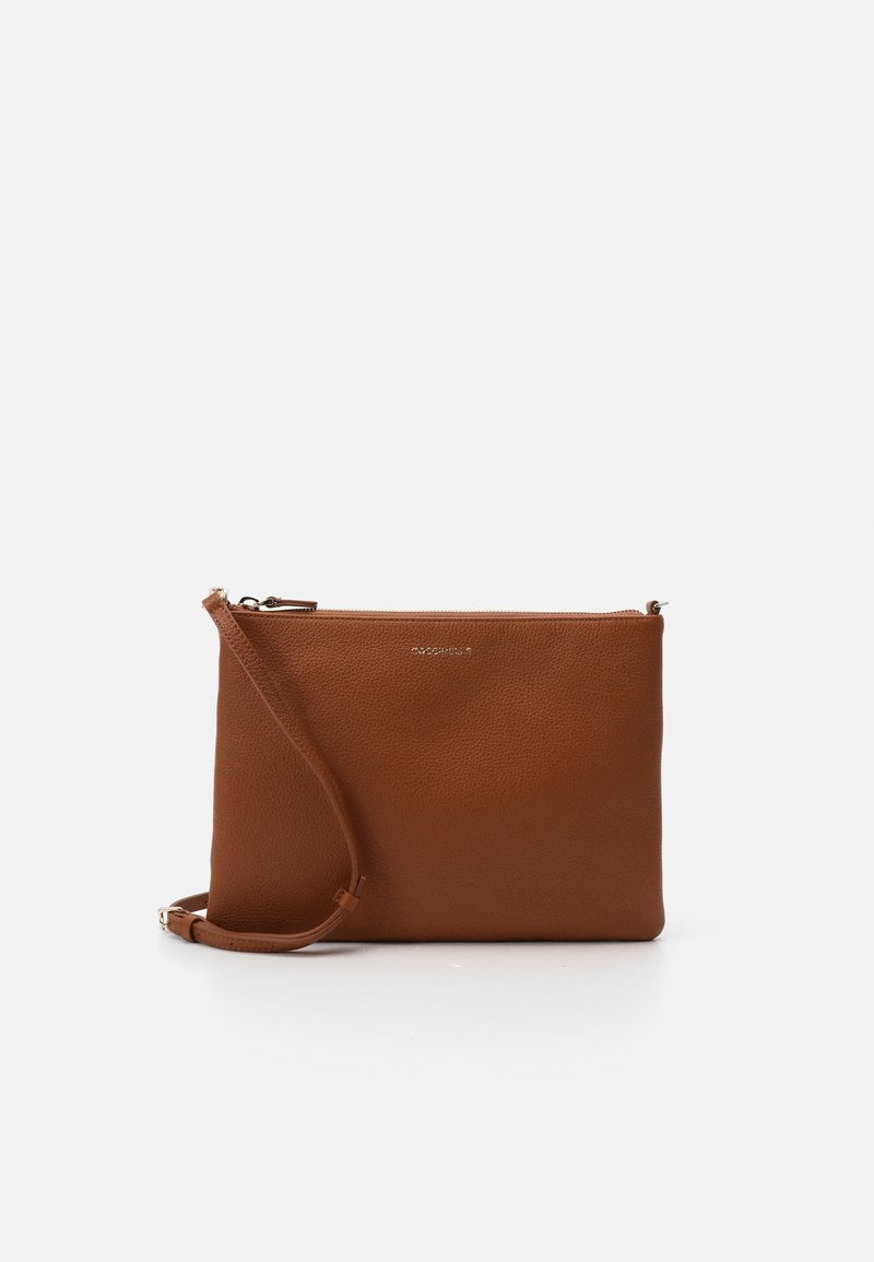 Brun läder crossbody-väska med texturerad yta, rektangulär form, dragkedjestängning och justerbar rem. Diskret branding på framsidan.