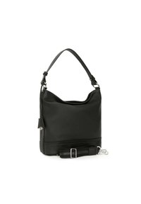 Borsa a spalla in pelle nera con parte superiore curva, tracolla regolabile, accessori in argento e base strutturata. Tessuto liscio con dettagli di cucitura.