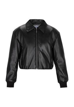 Sagriezta melna ādas jaka ar apkakli, priekšējo rāvējslēdzēju un ribotām piedurknēm. Gluda tekstūra ar klasisku dizainu.