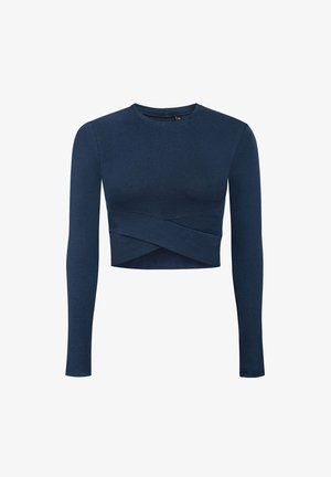Navyblaues, langärmeliges, kurzes Oberteil aus einem glatten, dehnbaren Stoff; es verfügt über ein verdrehtes Vorderdesign und einen runden Halsausschnitt.
