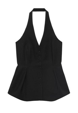 Haut noir à col halter avec un décolleté en V profond, boutonnière sur le devant et ourlet en peplum. Tissu lisse avec un design ajusté et bords sans coutures.