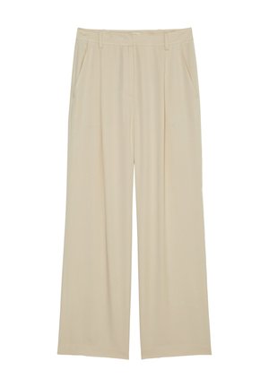 Μπεζ παντελόνι ίσιου σχεδίου από αδιάφανες ίνες· έχει δύο πλαϊνές τσέπες, εφαρμοστή μέση και διακριτικές πιέτες μπροστά.