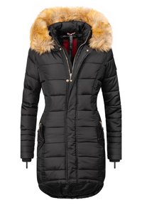 Black puffer coat with a fur-lined hood, zip front, gold-tone hardware, two side pockets, textured fabric, and a knee-length design.