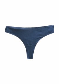 Navy blue thong underwear made of soft fabric, featuring a low-rise design and delicate lace trim along the edges.