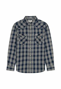 Camisa de cuadros en navy y crema hecha de algodón, con mangas largas, frontal abotonado y dos bolsillos en el pecho con solapas y botones a presión.
