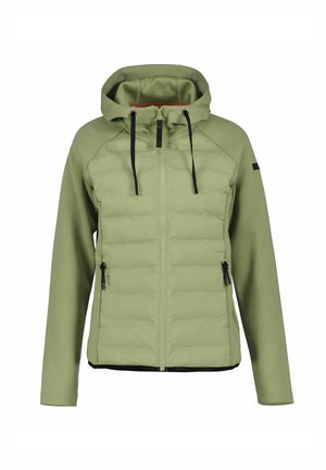 Giacca verde chiaro con zip, pannello frontale trapuntato, cappuccio con coulisse nere e tasche laterali con zip.