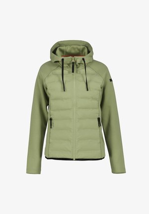 Chaqueta verde claro con cremallera, panel frontal acolchado, capucha incorporada con cordones negros y bolsillos laterales con cremallera.