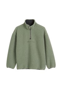 Polarowa bluza w oliwkowej zieleni z wysokim kołnierzem i zapięciem na połowę zamka. Charakteryzuje się teksturowaną powierzchnią i nadrukowanym logo na środku.